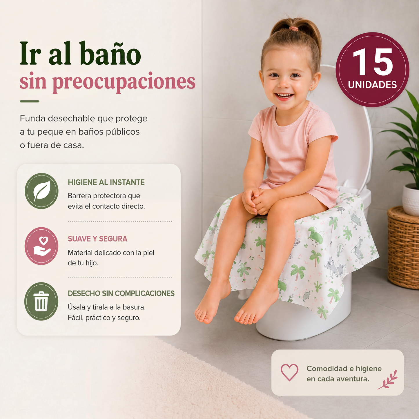 Protector de Inodoro Desechable Para Niños y Adultos. Cada paquete contiene 15 unds